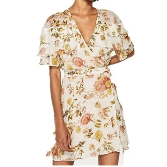 Zara off white floral chiffon ruffle wrap dress - Picture 1 of 16